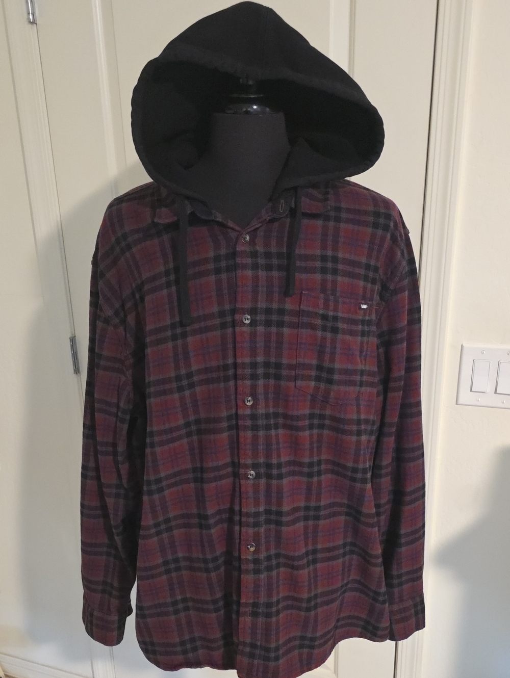 Vans Men's Burgundy and Black Plaid Hooded Shirt Jacket